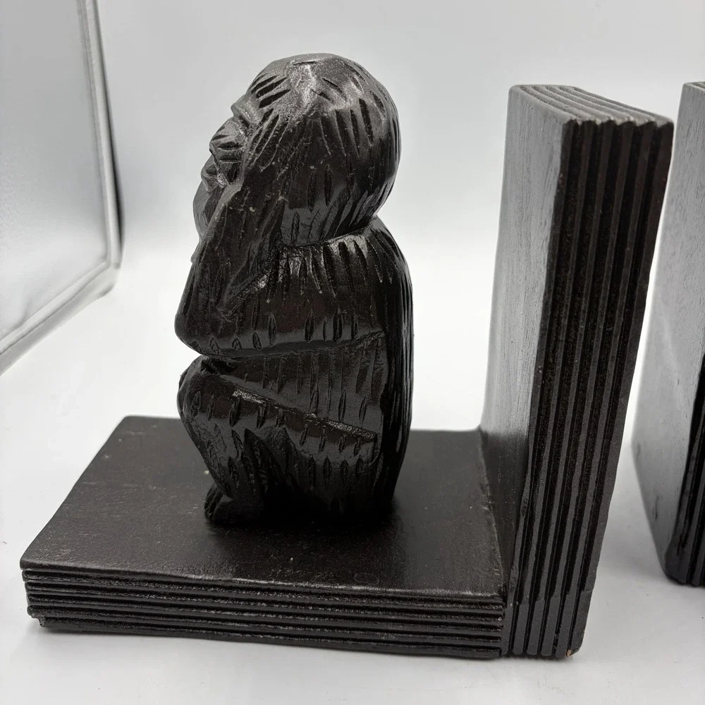 VTG Decorative See No Evil Hear No Evil Monkey Bookend Pair Carved  Rustic MCM